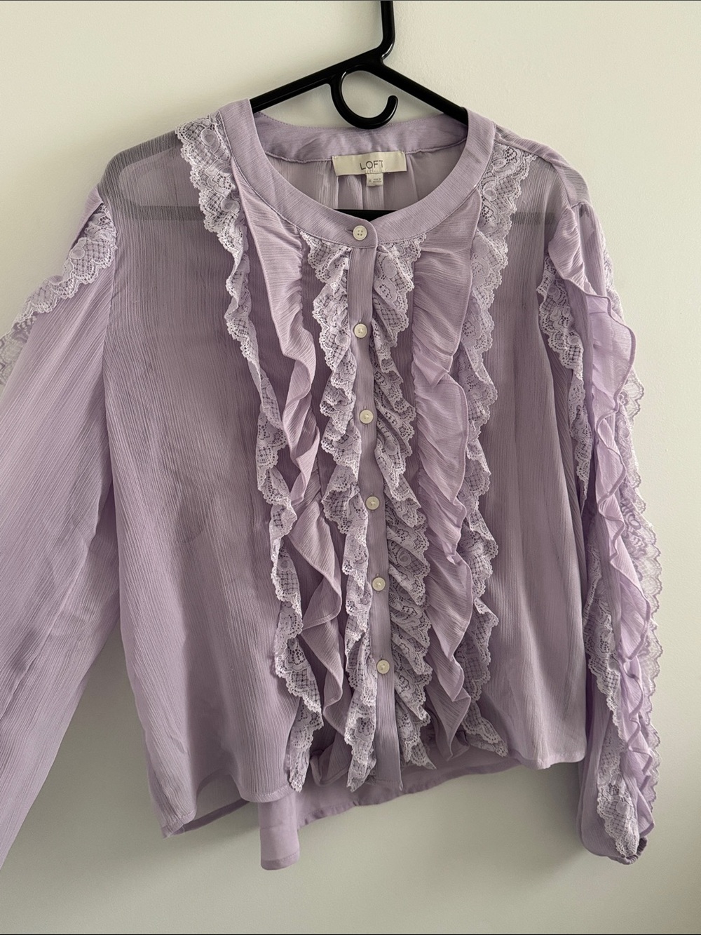 LOFT Lilac Ruffle Lace Button-Front Blouse - Picture 6 of 11